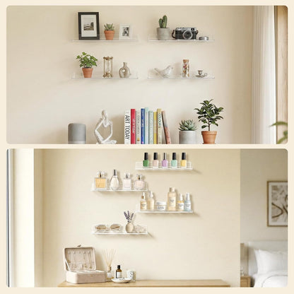 Floating Shelves for Bathroom, Acrylic Wall Organizer for Perfume, Makeup, Figures, Nail Polish, Photo, Book, 14" Decor Display Rack for Nursery, Living Room, Bedroom, Kitchen, Clear, 4 Pack