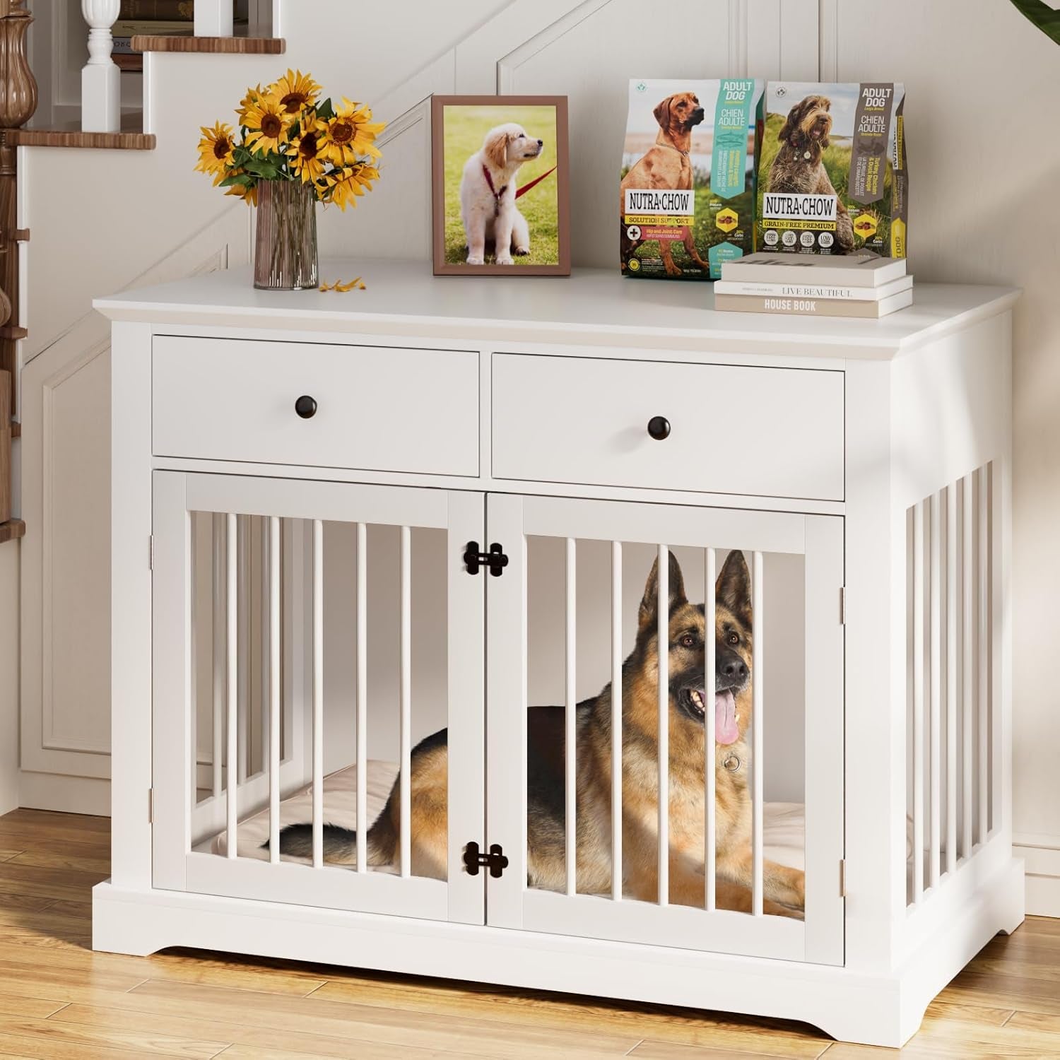 44Inch Dog Crate Furniture with Drawers,Wooden Dog Kennel Furniture for Large Breed,End Table Wood Dog House for Indoor Use, for Small/Medium/Large Dog (Brown)