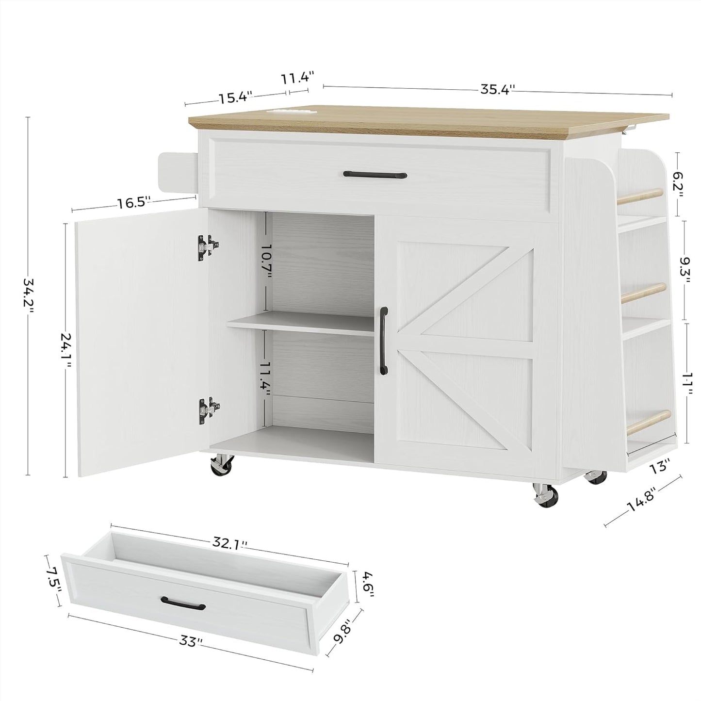 Kitchen Island Table with Storage, Rolling Kitchen Cart with Power Outlet, Storage Cabinets on Wheels with Drop Leaf, Portable for Dining Room, White