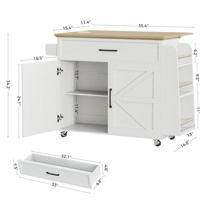 Kitchen Island Table with Storage, Rolling Kitchen Cart with Power Outlet, Storage Cabinets on Wheels with Drop Leaf, Portable for Dining Room, White