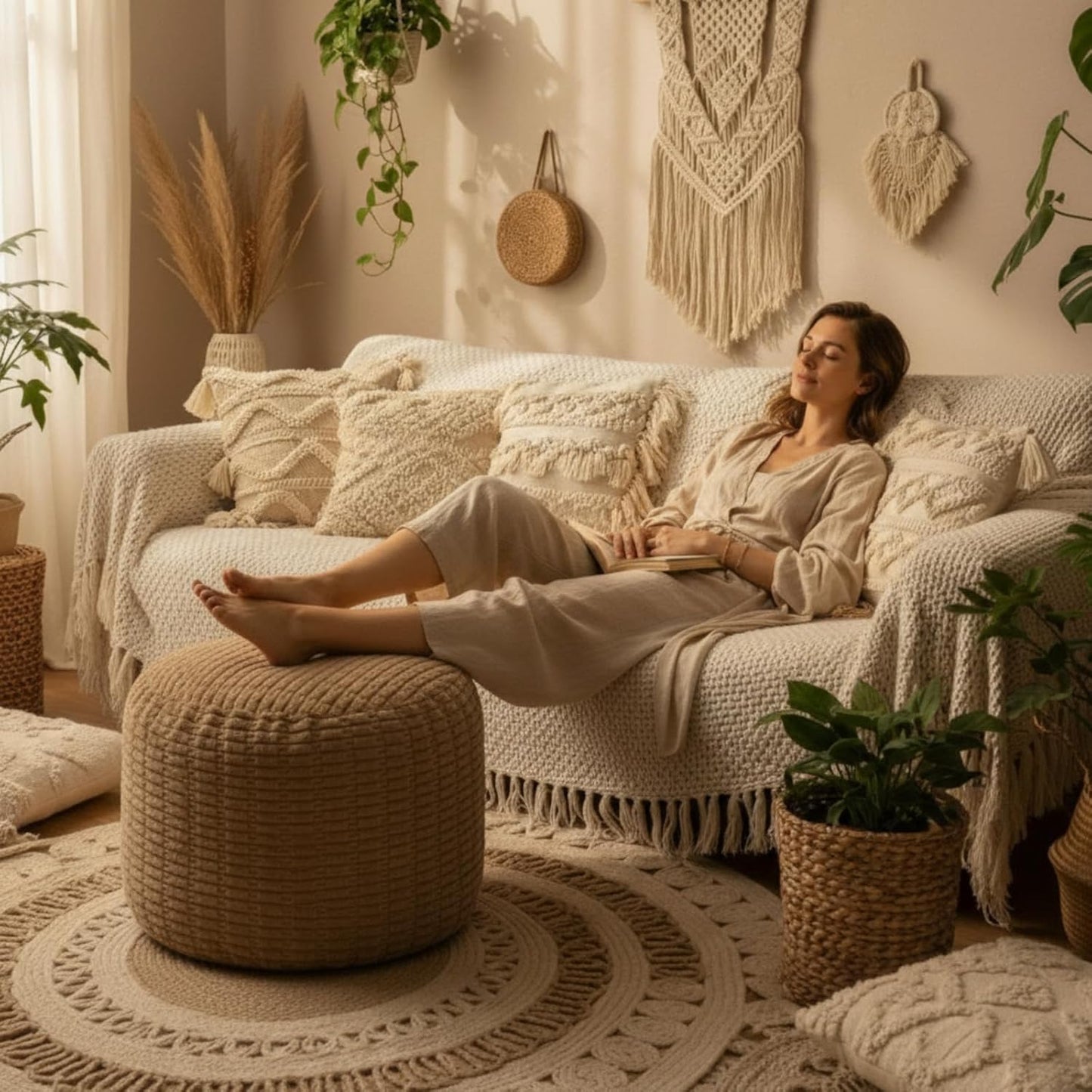 2 Pcs 20 X 15 Inch Unstuffed Ottoman Pouf Cover Corduroy Foot Rest - No Filler, Striped Foot Stool Floor Bean Bag Floor Chair Storage for Modern Farmhouse Bedroom Home Decor (Light Brown)