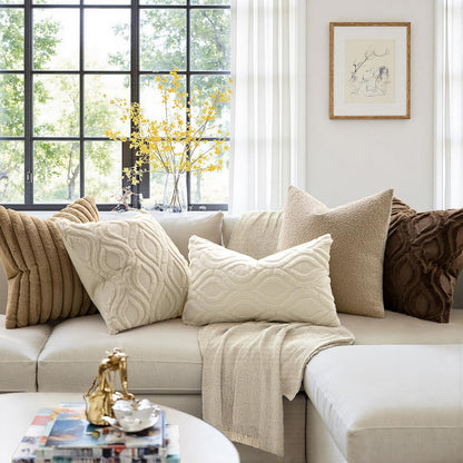 Beige Throw Pillow Covers 18X18 Inch, Neutral Soft Plush Faux Wool Solid Couch Pillows Set of 2, Decorative Farmhouse Boho Cushion Covers for Sofa Living Room Bed Home Decor