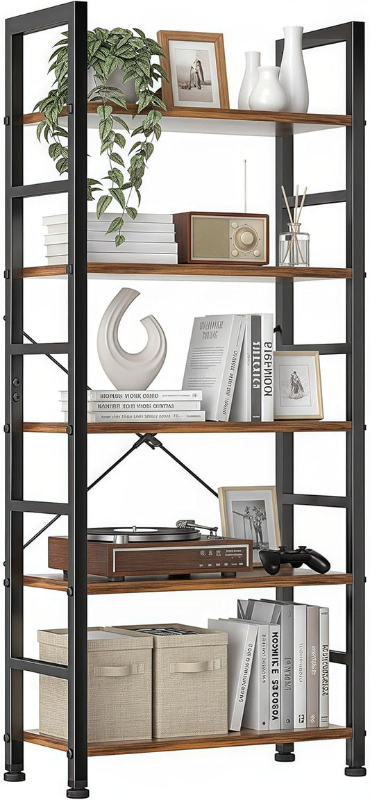 5 Tier Bookshelf, Modern Brown Book Shelves, Tall Bookcase Organizer, Wooden Shelf with Metal Frame Display Shelves, Free Standing Storage Shelving Unit for Living Room, Bedroom, Home Office