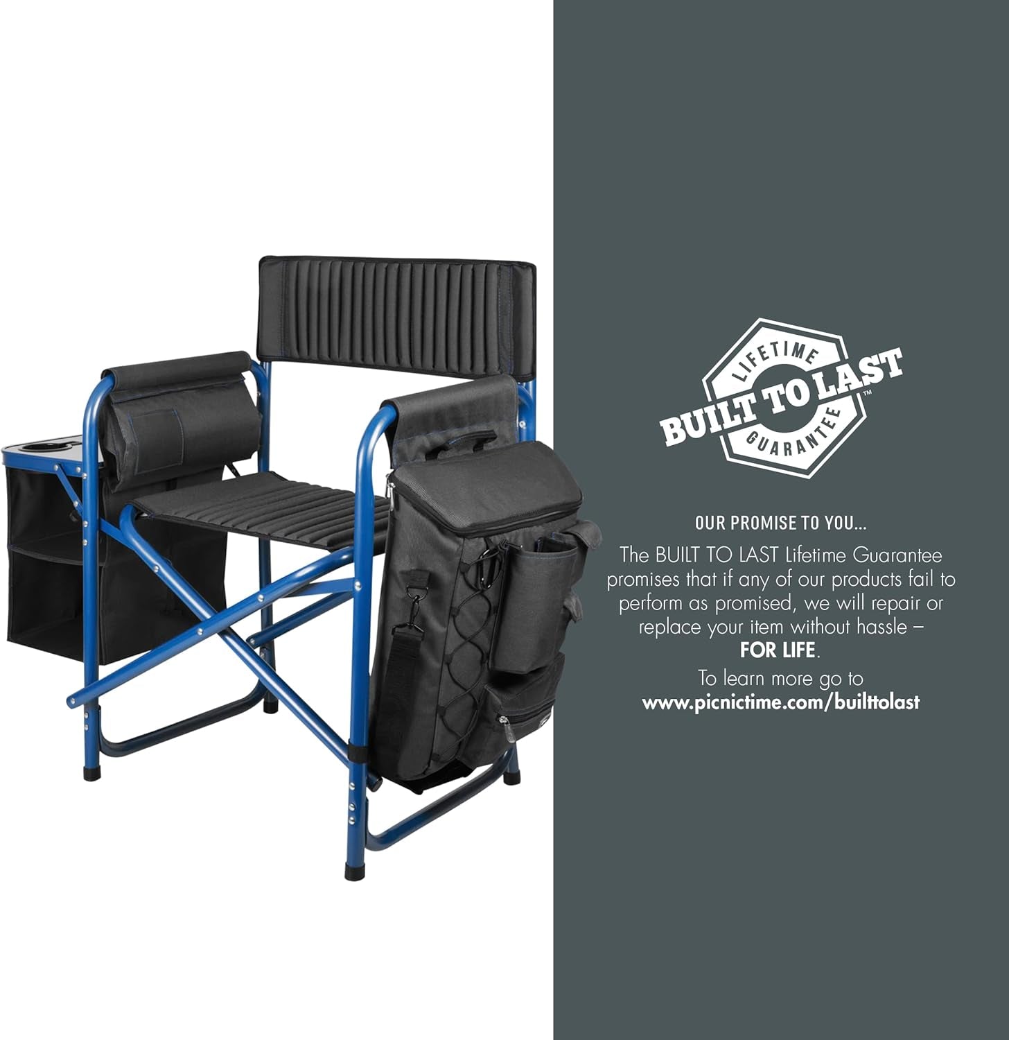 Fusion Camping Chair with Side Table and Soft Cooler, Outdoor Foldable Padded Camping Chairs with Cup Holder for Lawn, Beach, & Sports Use for Adults, (Dark Gray Blue Accents)
