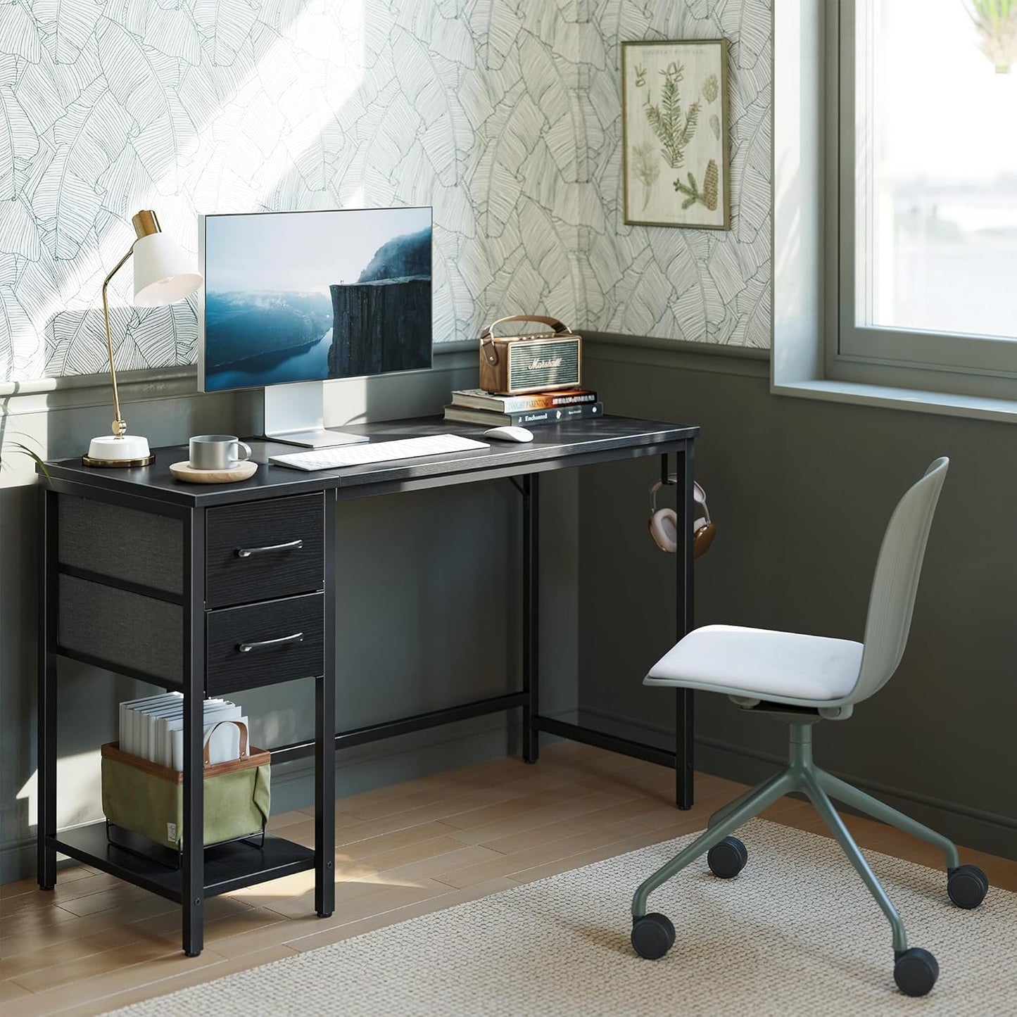 Computer Desk with 2 Drawers, 40 Inch Small Home Office Desk with Storage Study Writing Table, Modern Black
