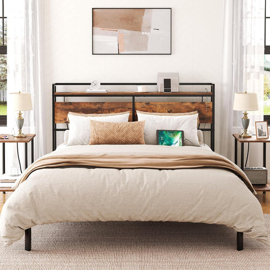 Headboard Queen Size, Headboard with 2 Outlets and 4 USB Ports, Adjustable Height, Storage Rack, Sturdy and Stable, Easy Assembly, Rustic Brown and Black