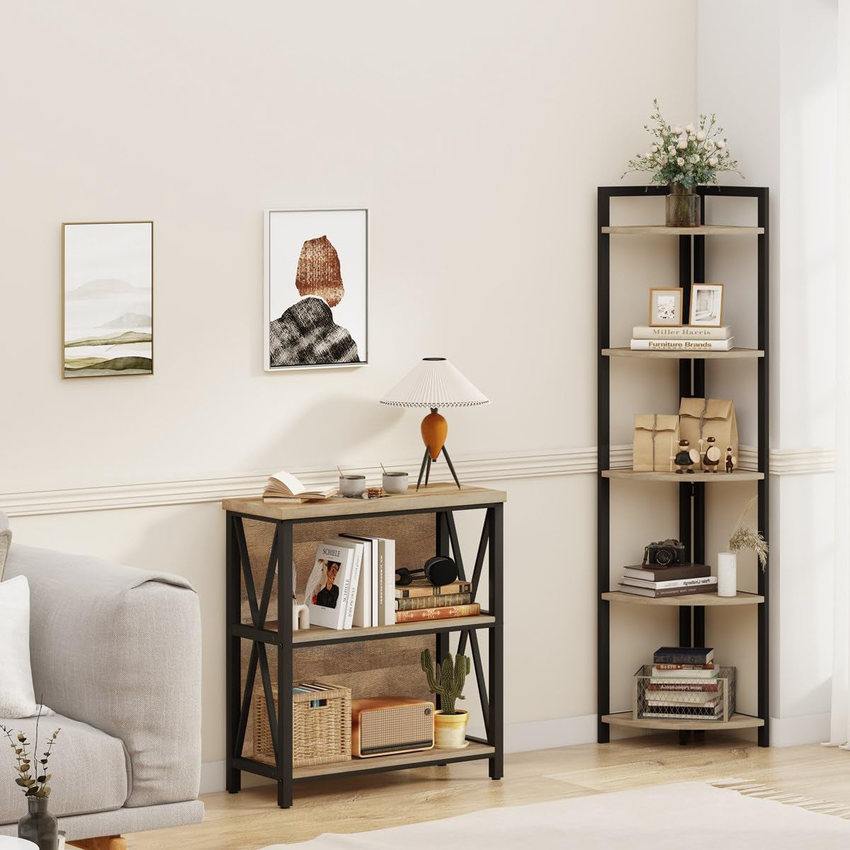 Small Bookcase, Wood and Metal Low Short Bookshelf, Industrial Book Case and Rustic Book Shelf for Small Space (Rustic Oak)