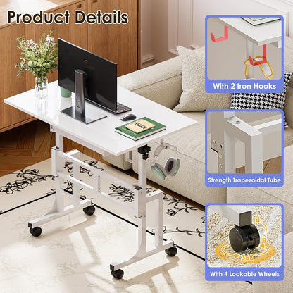 Samll White Standing Computer Desk with Drawers,Height Adjustable Home Office Sit Stand up Desk with 4 Wheels & 2 Hooks,Portable Rolling Work Study Gaming Table for Laptop Tablet Walking Pad Treadmill