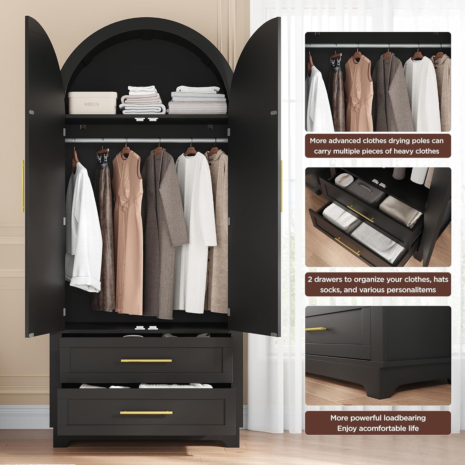 Wardrobe Closet, Modern Armoire Wardrobe Closet with Drawers and 2 Arched Fluted Doors, 70" Tall Wooden Bedroom Armoires with Shelves and Hanging Rod, Black