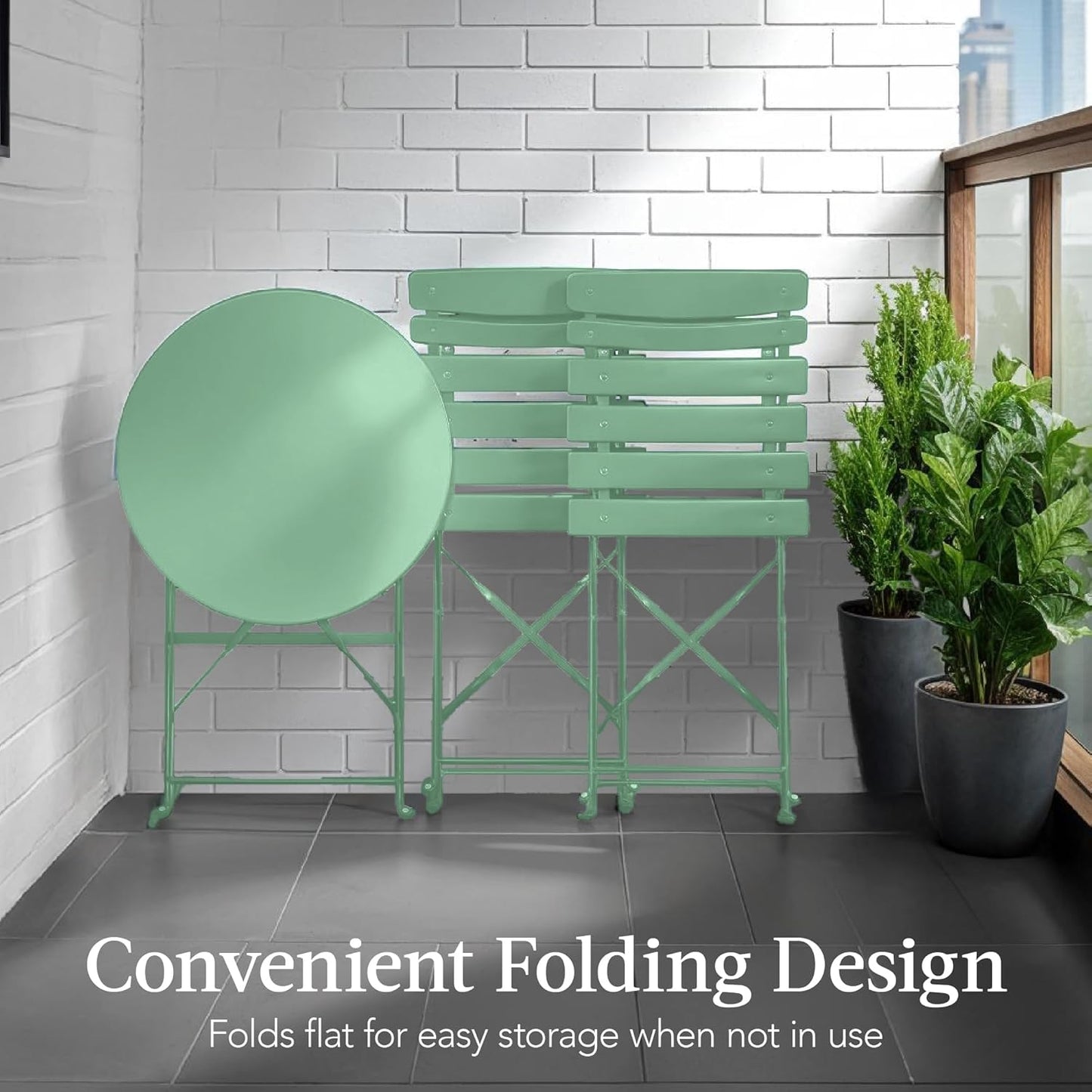 3-Piece Bistro Set, Space Saving Folding Design, Solid Steel, Outdoor Patio Furniture Set W/ 2 Chairs, Bistro Table - Sage