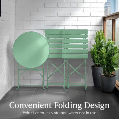 3-Piece Bistro Set, Space Saving Folding Design, Solid Steel, Outdoor Patio Furniture Set W/ 2 Chairs, Bistro Table - Sage