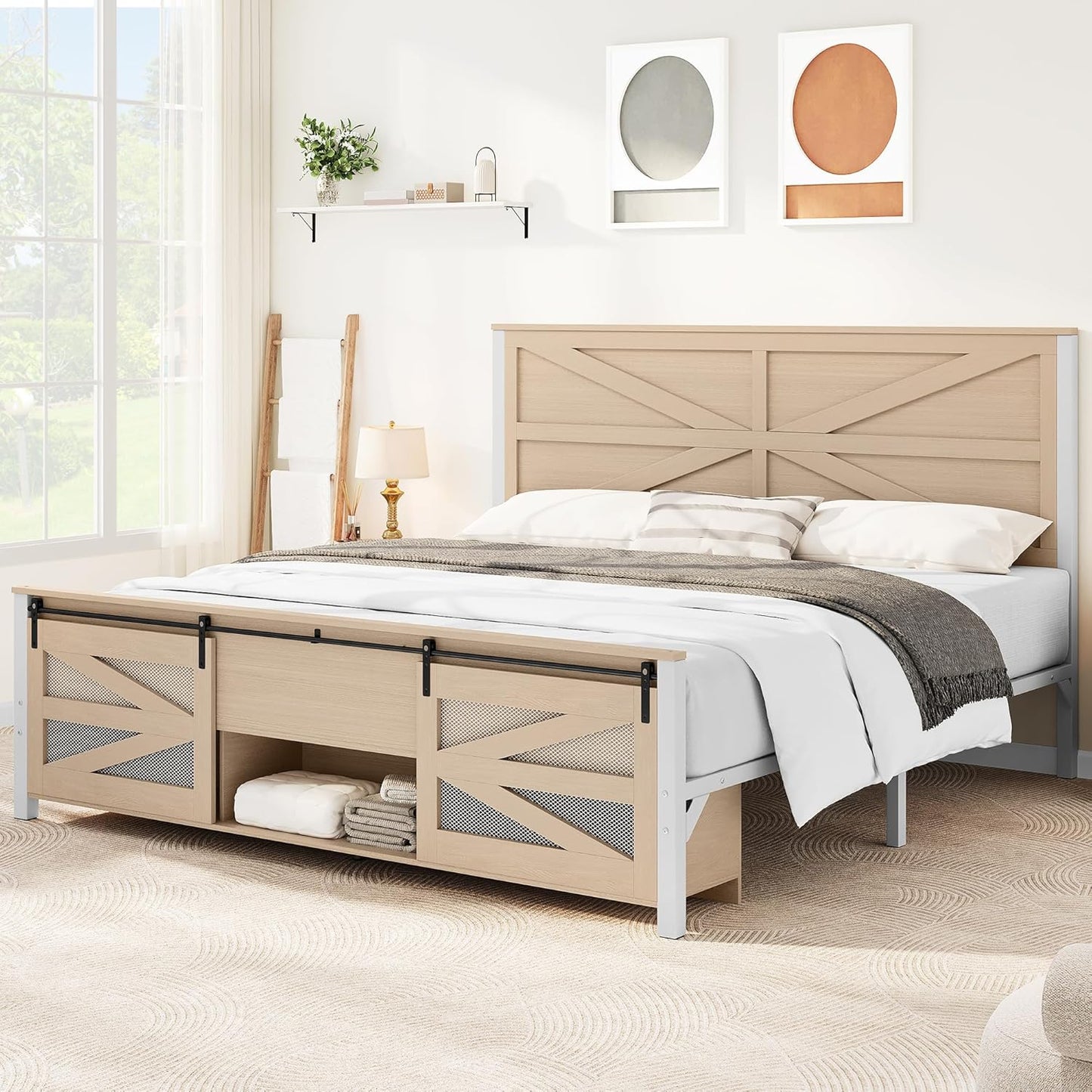 King Size Farmhouse Bed Frame with Sliding Barn Door Storage Cabinets, Platform Bed Frames with 47.2" Headboard, Solid Metal Slats Support, Noiseless, No Box Spring Needed, Oak