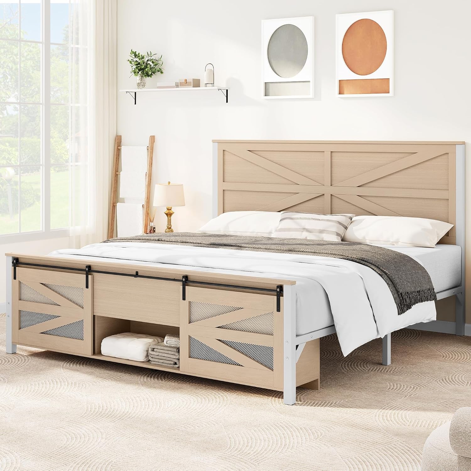 King Size Farmhouse Bed Frame with Sliding Barn Door Storage Cabinets, Platform Bed Frames with 47.2" Headboard, Solid Metal Slats Support, Noiseless, No Box Spring Needed, Oak
