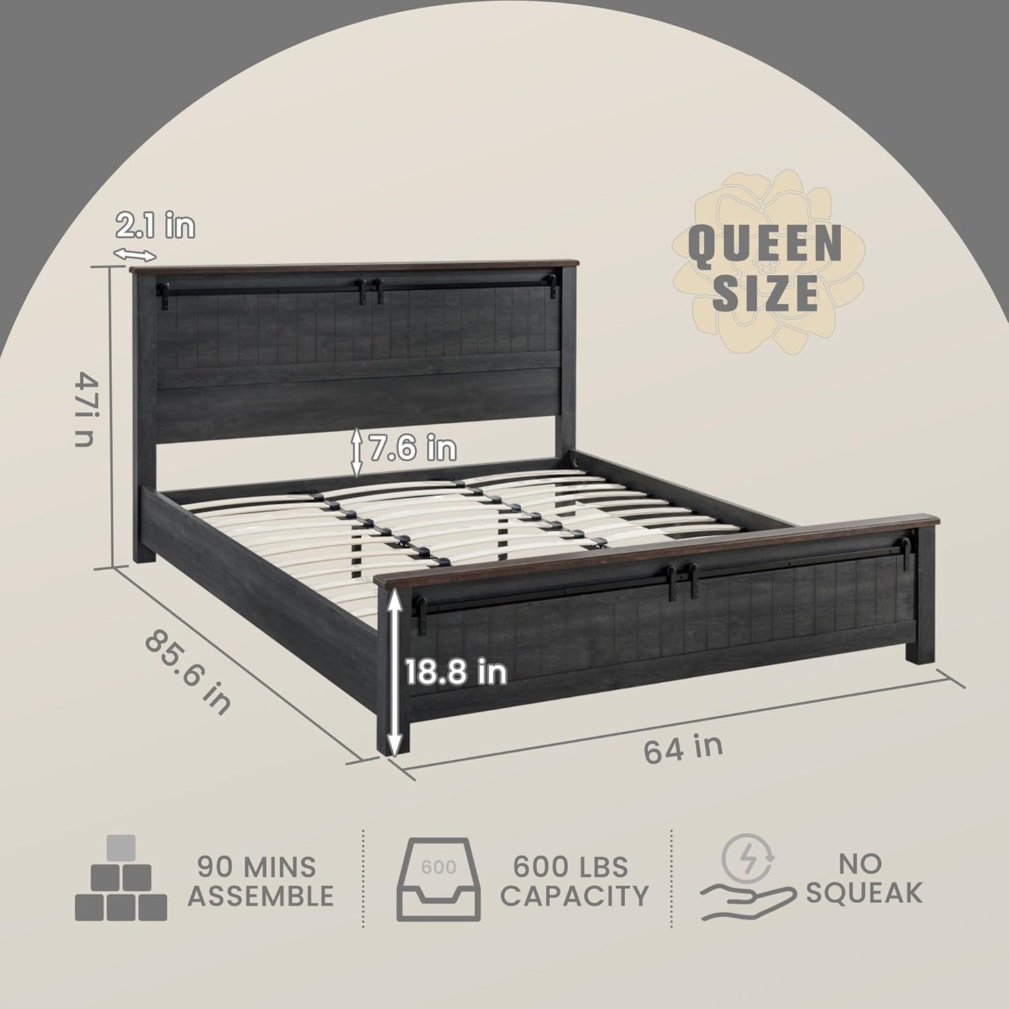 Farmhouse Queen Size Bed Frame with 47" Headboard, Wood Bed Frame with Groove Sliding Barn Door Footboard, Platform Bed with Wood Slats Support, No Box Spring Needed (Dark Grey)