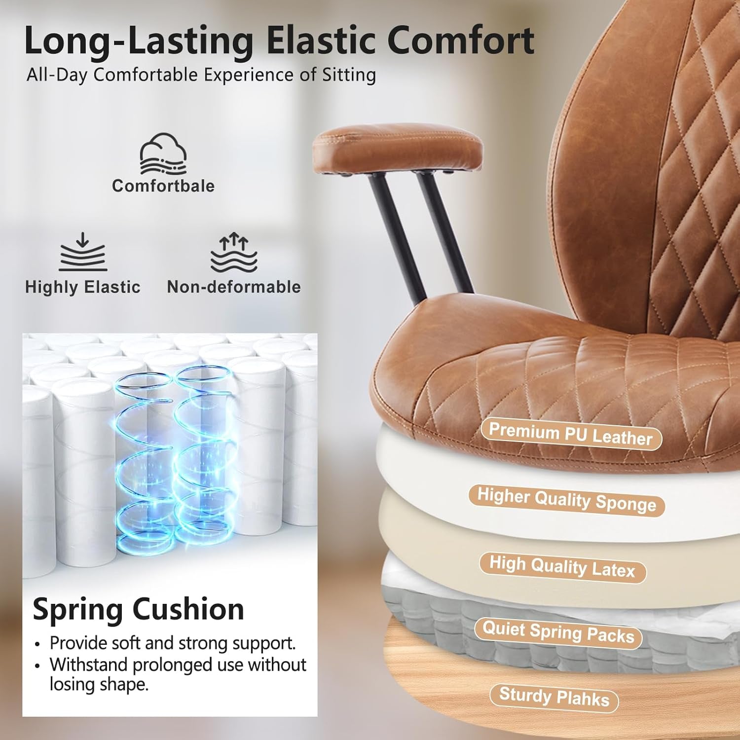 Home Office Desk Chair Office Rubber Casters Ergonomic Computer Chair with Lumbar Support Adjustable Height Rolling Swivel Executive Task Armrests Chair， Brown Leather