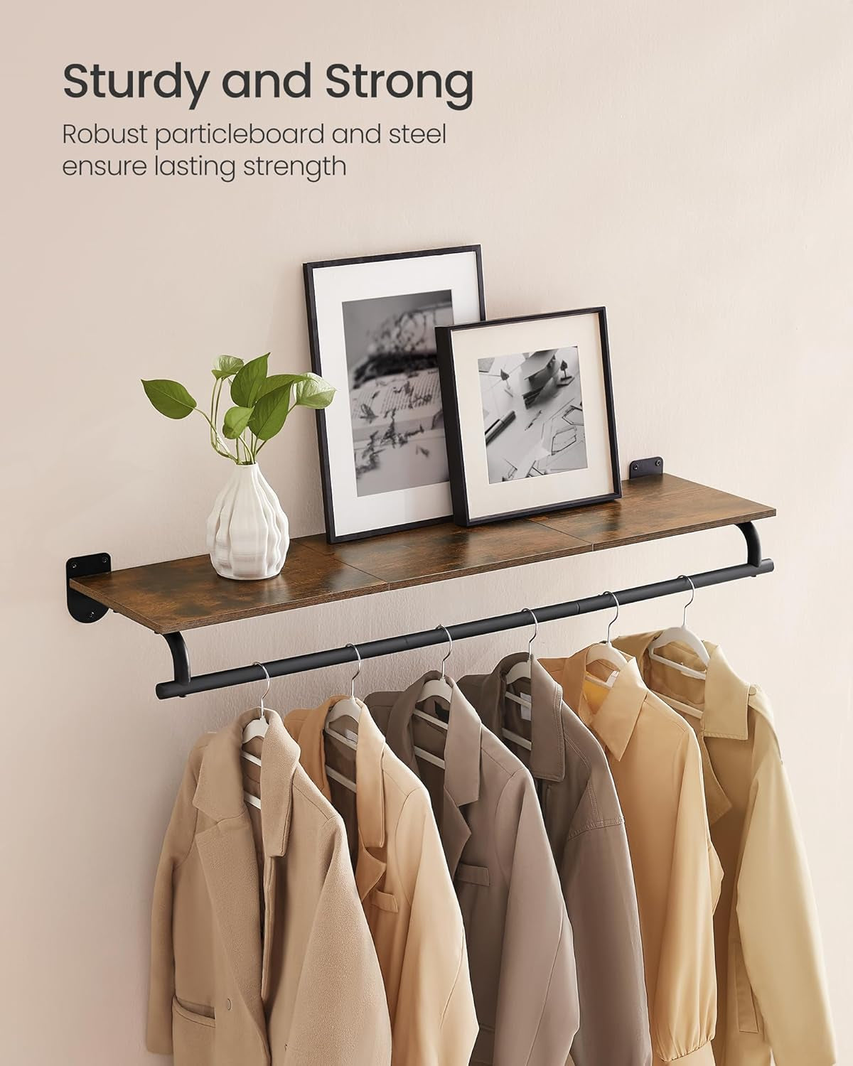 Clothes Rack with Top Shelf, Wall Mounted Clothing Rack, with Hanging Rod, Loads up to 77 Lb, 11 X 42.9 X 5.2 Inches, Entryway, Bedroom, Closet, Rustic Brown and Ink Black UHSR135B01