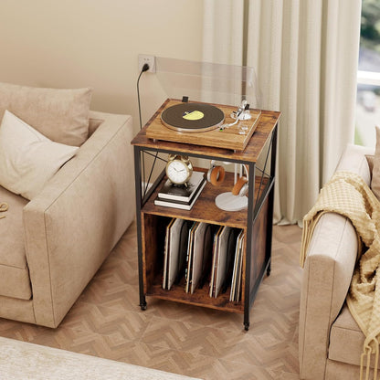 Record Player Stand with Charging Station, Rolling 3-Tier Turntable Stand with Open Shelf & Dividers, Record Player Table with Metal Frame, Vinyl Record Storage on Wheels for Living Room