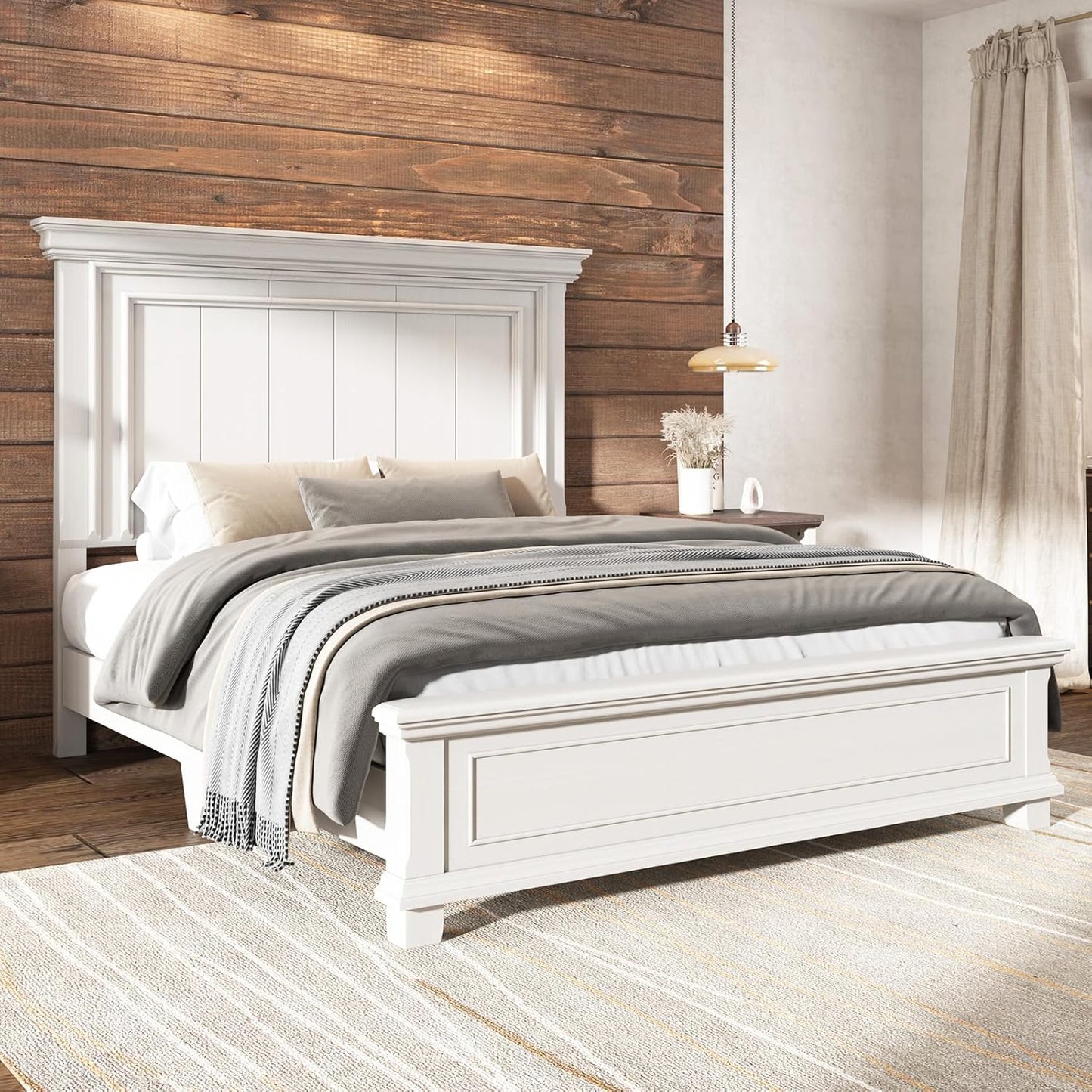Queen Size Solid Wood Bed Frame, Farmhouse Platform Bed with Headboard and Footboard, Rustic Bed Base with 12 Wood Slats Support, No Box Spring Needed, Distressed White