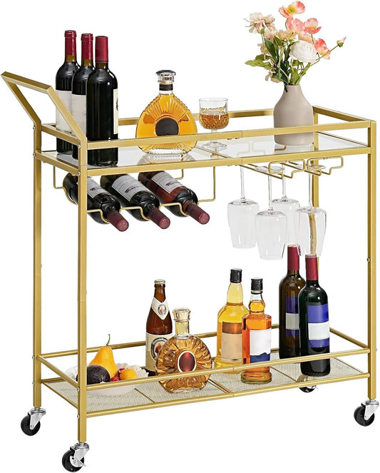 Bar Cart for the Home, 2-Tier Kitchen Cart with Wine Rack and Glass Holder, Serving Cart with Wheels and Guard Rails for Dining Room, Living Room, Party, Bar, Gold GD11TC01