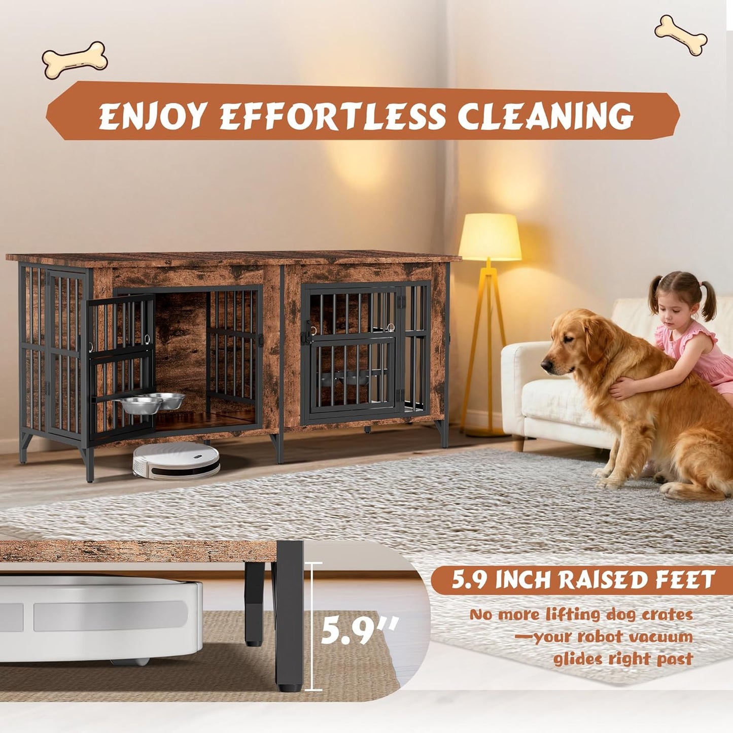 63'' Double Dog Crate Furniture for 2 Dogs, Wooden Dog Kennel with Removable Divider, XL Dog House Indoor with Rotating Bowl Holders, Heavy Duty Dog Crate TV Stand (62.9" X 23.6" X 27.9")