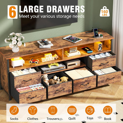 TV Stand for Bedroom, 63 Inch Entertainment Center for 65 70 Inch Tvs, 6 Drawers Dresser with Power Outlets and LED Lights, Media Console for Living Room, Rustic Brown