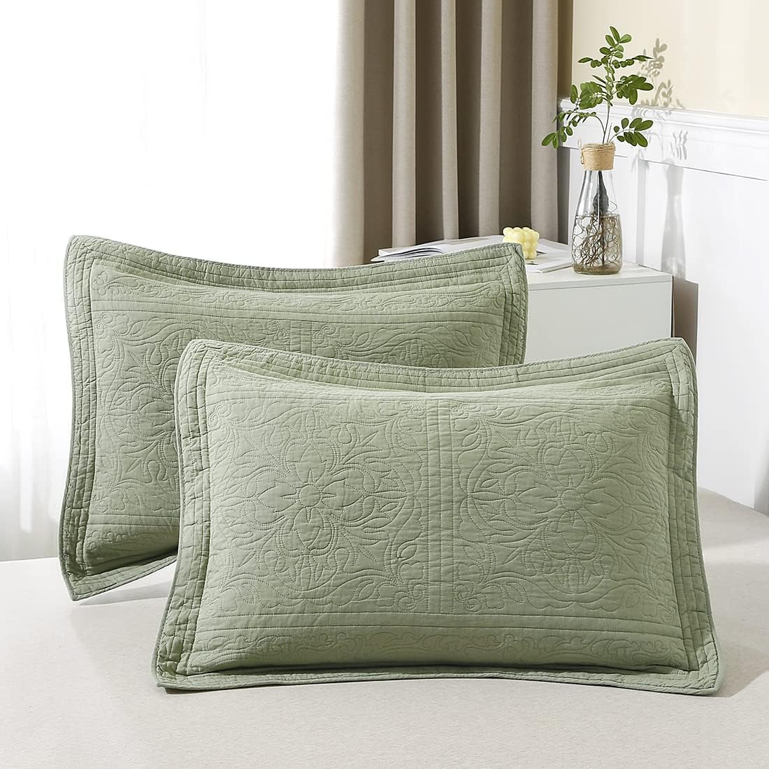 100% Cotton Quilted Pillow Sham Floral Printed Pillow Cover King Size, Set of 2, Green