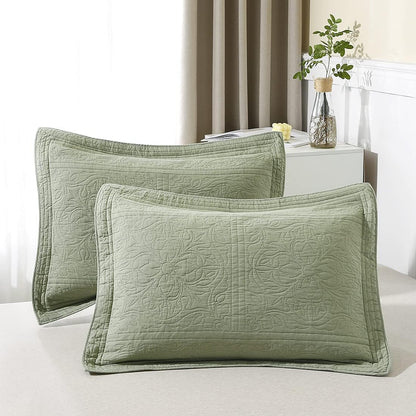 100% Cotton Quilted Pillow Sham Floral Printed Pillow Cover King Size, Set of 2, Green