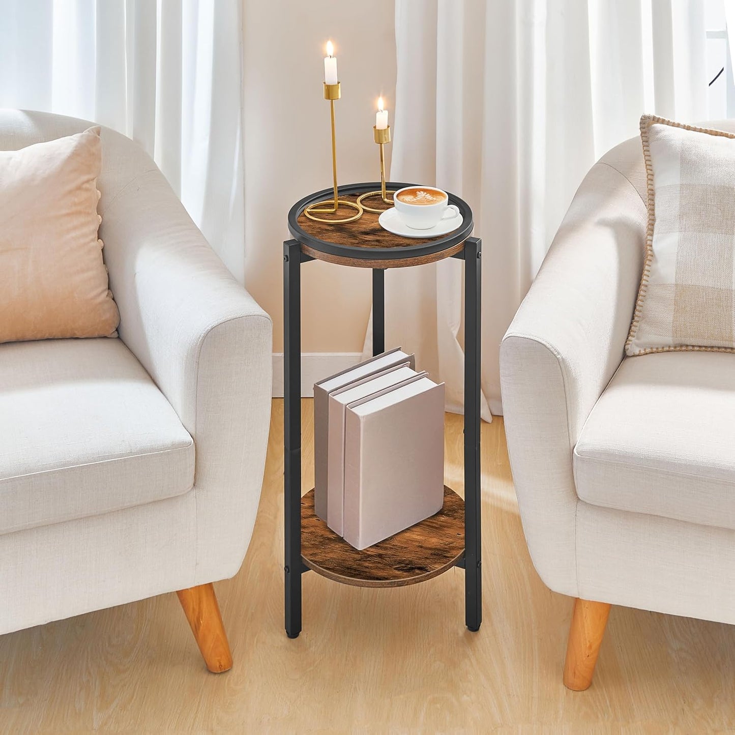 Small round Side Table, Coffee Drink Table for Sofa Couch Corner, 28.7" H Slim round Nightstand, Circle Wooden Accent Pedestal Table for Living Room, Bedroom, Rustic Brown and Black BF167BZ01