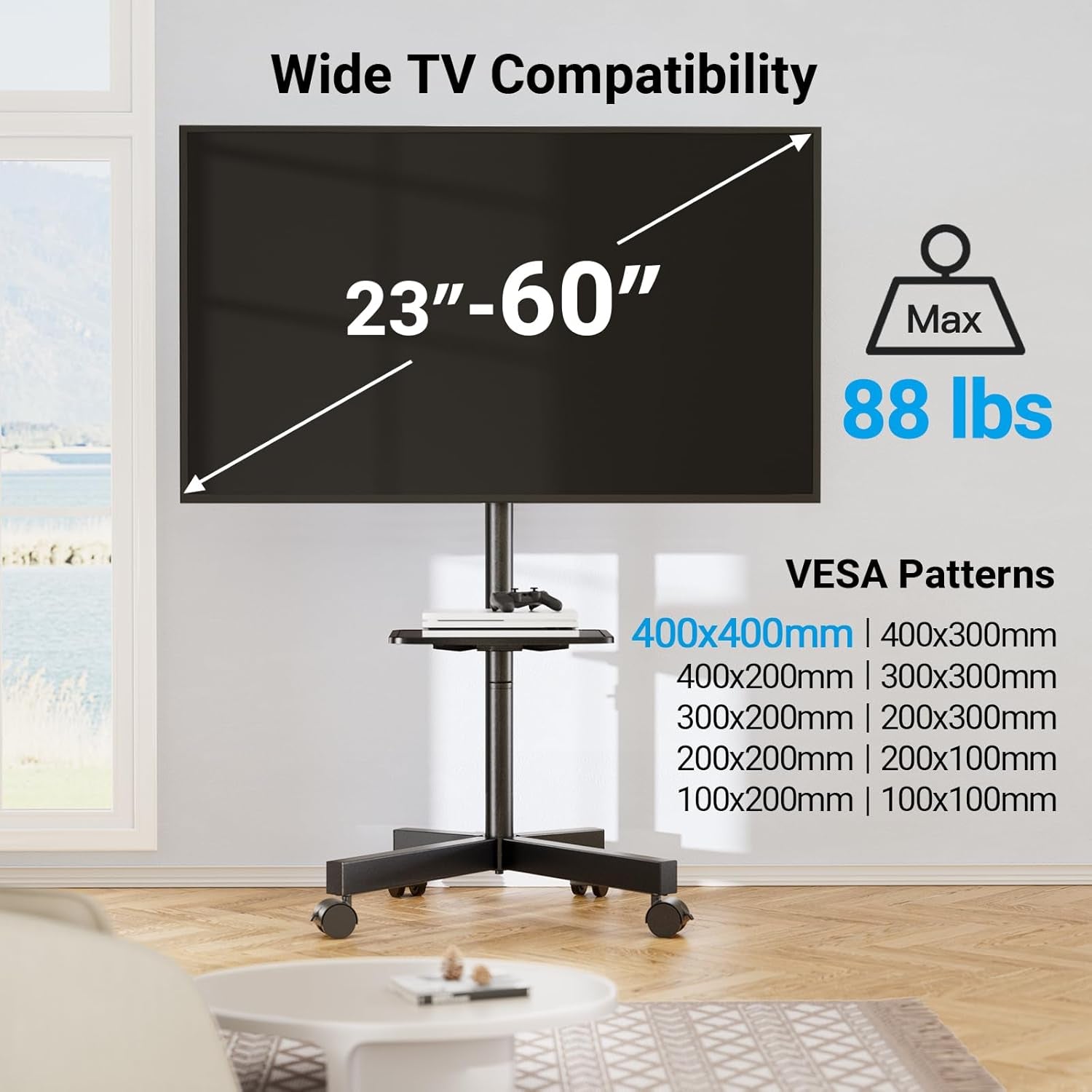Mobile TV Stand for 23-60 Inch LCD LED Flat/Curved Screen Tvs, Tilt TV Cart Holds up to 88Lbs, Portable TV Stand with Laptop Shelf, Rolling TV Floor Stand Max VESA 400X400Mm (PSTVMC06)