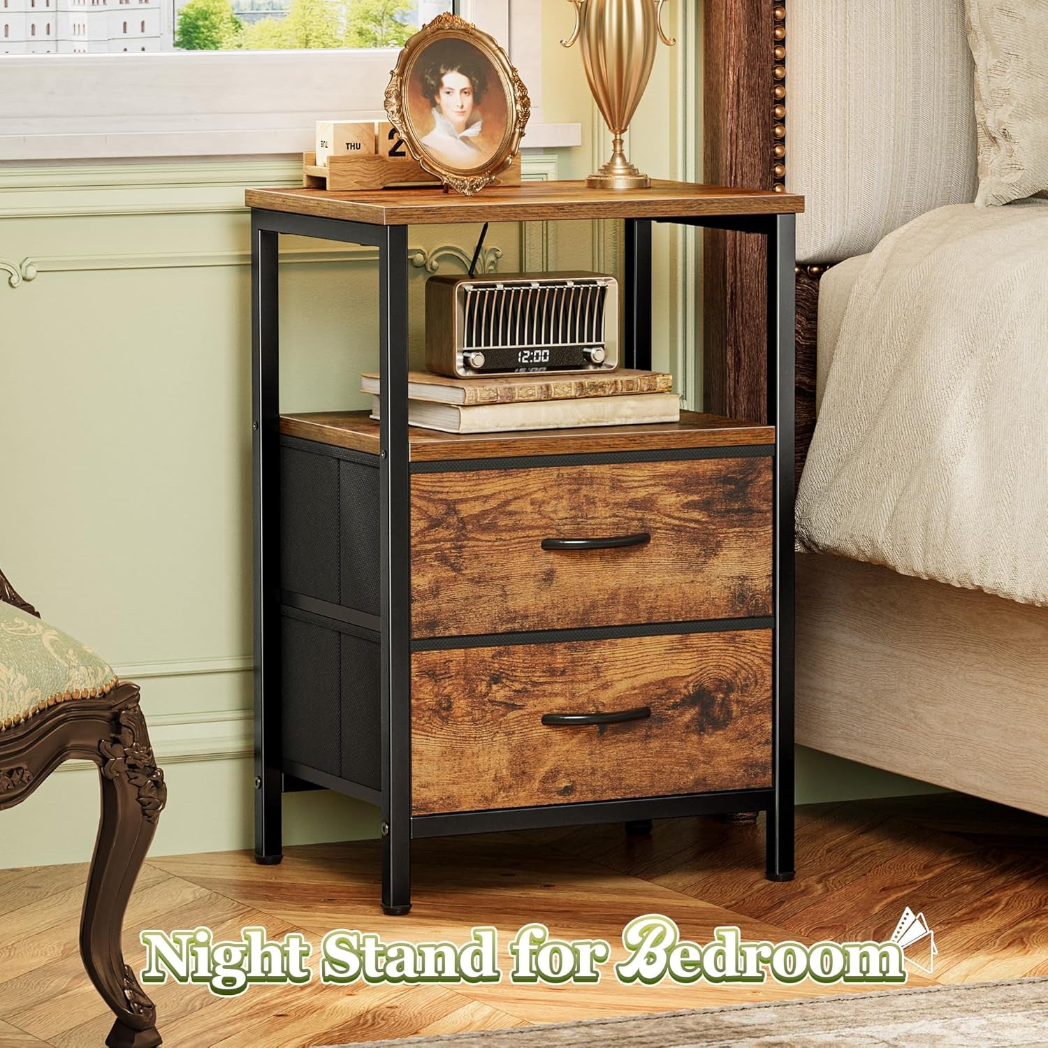 Night Stand Set of 2, Nightstand with 2 Drawers, Bed Side Table with Open Shelf, Wooden Top, End Table, Fabric Drawer, for Bedroom, Rustic Brown