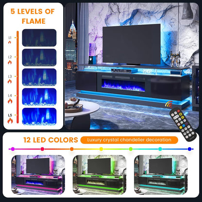 4-Piece Modern Living Room Table Set, Includes High Gloss 70" Fireplace TV Stand, LED Coffee Table and End Tables Set of 2 with Storage Drawers, Black
