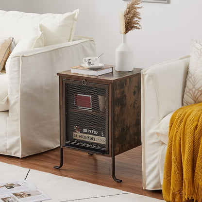 Side/End Table with Pull-Out Tray and 2 Tier Storage Shelf for Small Spaces/Chairside/Bedside Bedroom, Nightstand Steel Frame, Rustic Brown