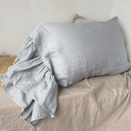 Ruffles Linen Pillowcase. Pure Flax Pillow Sham 100% French Linen Ruffled Pillow Cover, Standard, Queen, King 1 PCS Size (Queen, Silver)