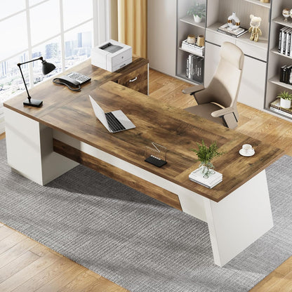 78" L-Shaped Executive Desk, Large Modern Office Desk with Drawers and Lateral File Cabinet, Business Furniture with Storage Shelves, Big Computer Desk for Home Office (Brown + White)
