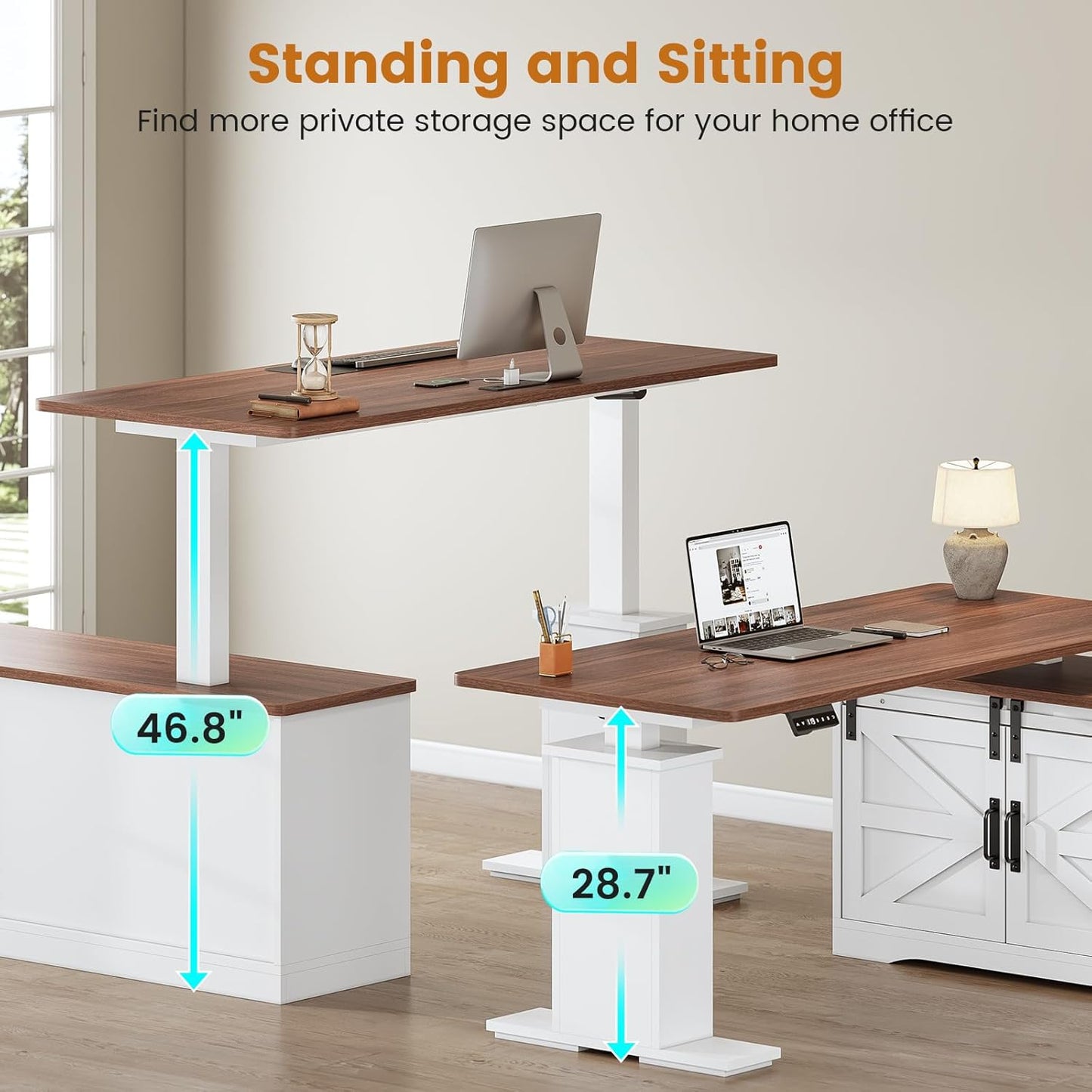 Farmhouse L Shaped Standing Desk, 55 Inch Height Adjustable Corner Desk with Storage Drawers, Standing Computer Desks with Power Outlets for Home Office, White