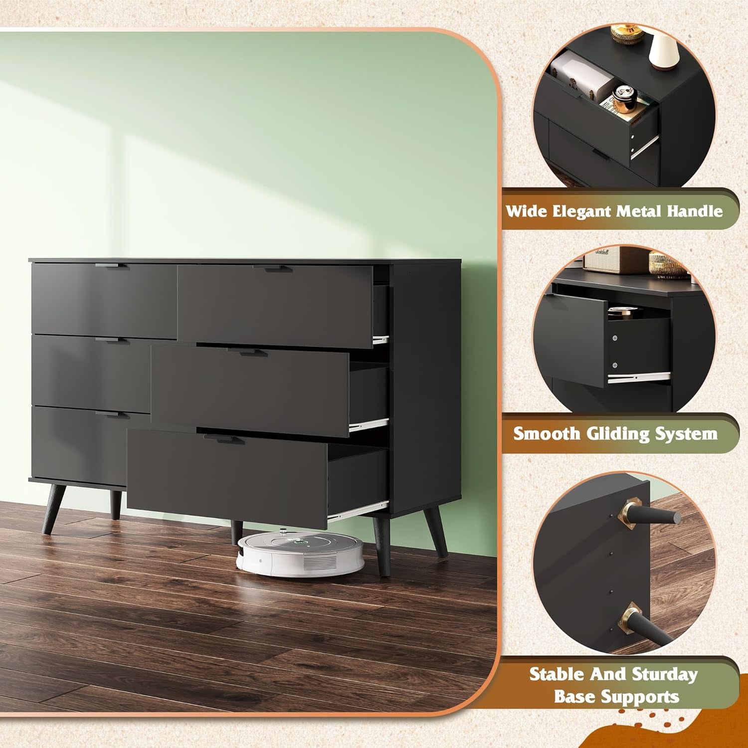 Black Dresser for Bedroom, 47.24'' Wide 6 Drawer Wood Dresser Storage Organizer with Sturdy Metal Handle, TV Stand for 55 Inch TV, Chest of Drawers for Living Room, Hallway, Closet