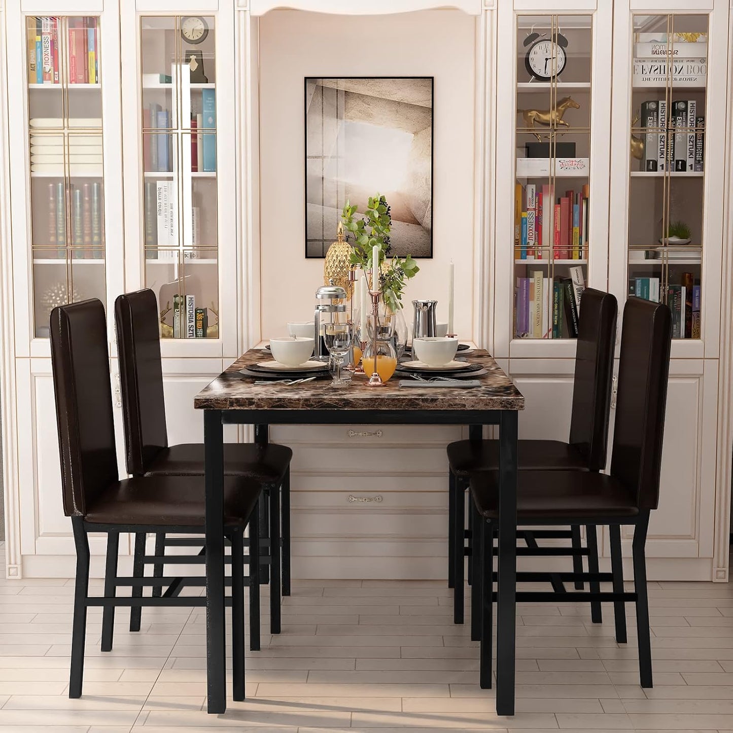 5 Piece Dining Table Set for 4,Faux Marble Kitchen Table and Chairs for 4, Modern Dining Room Table with 4 Chairs,Dinner Table Set for Small Spaces, Brown