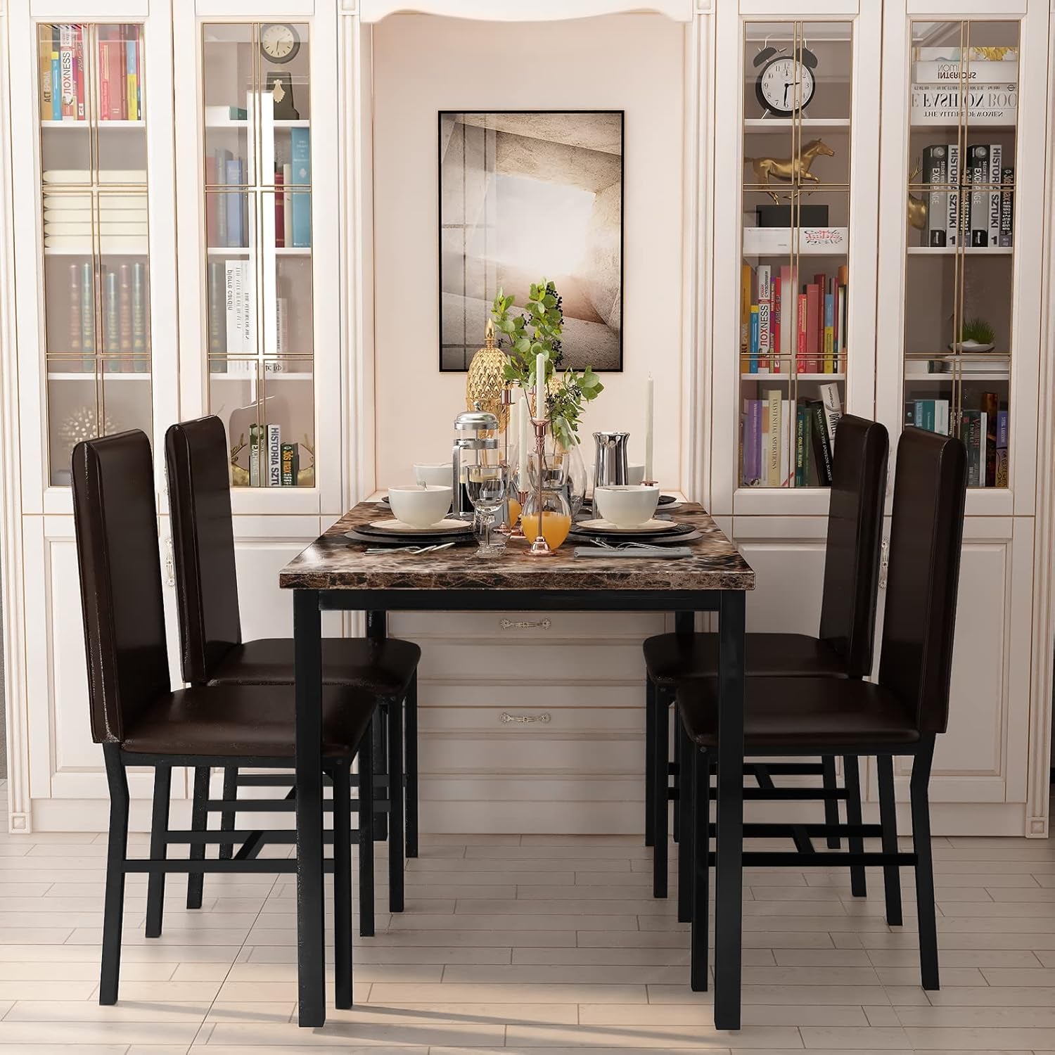 5 Piece Dining Table Set for 4,Faux Marble Kitchen Table and Chairs for 4, Modern Dining Room Table with 4 Chairs,Dinner Table Set for Small Spaces, Brown