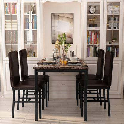 5 Piece Dining Table Set for 4,Faux Marble Kitchen Table and Chairs for 4, Modern Dining Room Table with 4 Chairs,Dinner Table Set for Small Spaces, Brown