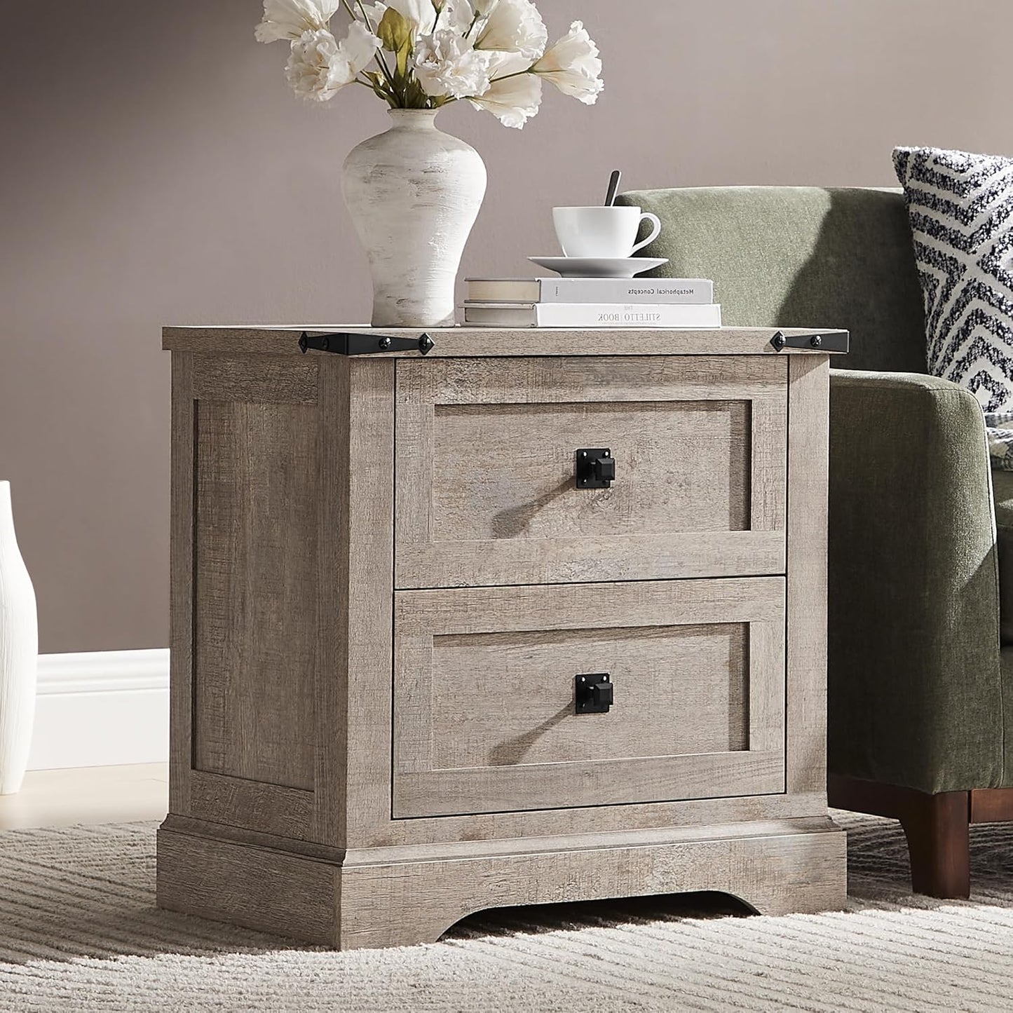 24" Farmhouse Nightstand with Charging Station Set of 2, Large End Table with 2 Storage Drawers, Rustic Wood Sofa Bedside Table for Bedroom, Light Rustic Oak