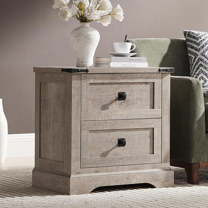 24" Farmhouse Nightstand with Charging Station Set of 2, Large End Table with 2 Storage Drawers, Rustic Wood Sofa Bedside Table for Bedroom, Light Rustic Oak