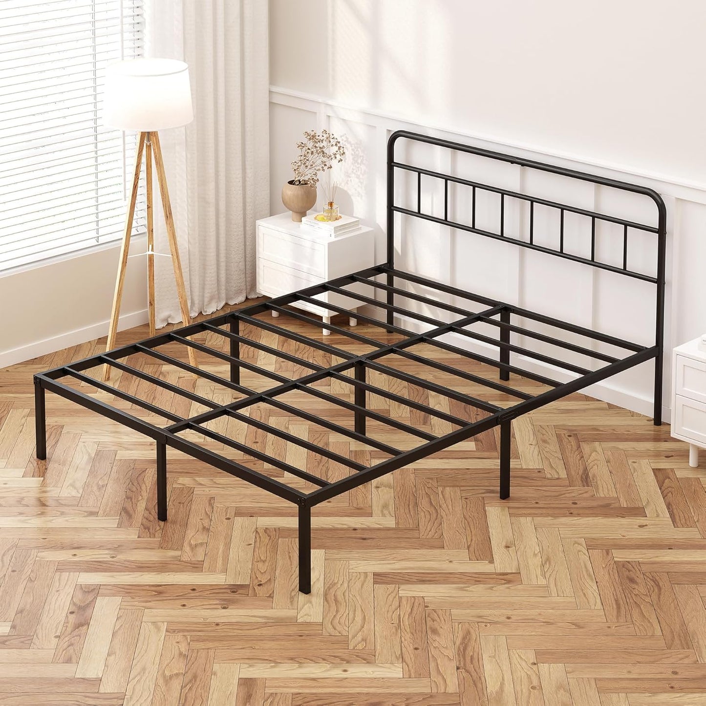 12 Inches Queen Size Bed Frame with Minimalist Headboard,Metal Platform Base with Strong Metal Slats,Mattress Foundation for under Bed Storage,Easy Assembly,Black