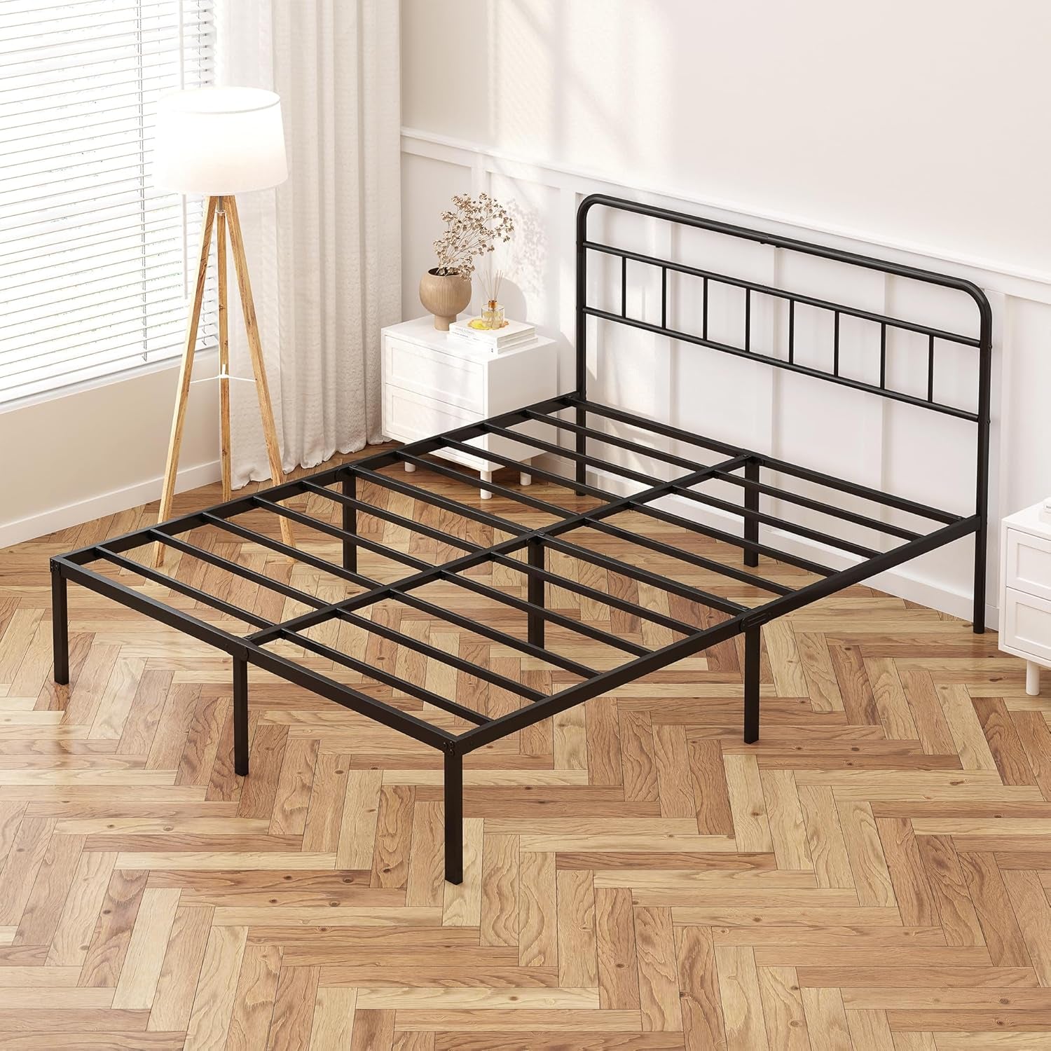 12 Inches Queen Size Bed Frame with Minimalist Headboard,Metal Platform Base with Strong Metal Slats,Mattress Foundation for under Bed Storage,Easy Assembly,Black