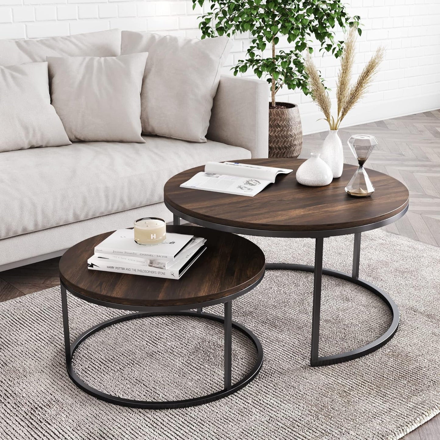 Stella round Modern Nesting Coffee Set of 2, Stacking Living Room Accent Tables with an Industrial Wood Finish and Powder Coated Metal Frame, Warm Nutmeg/Matte Black