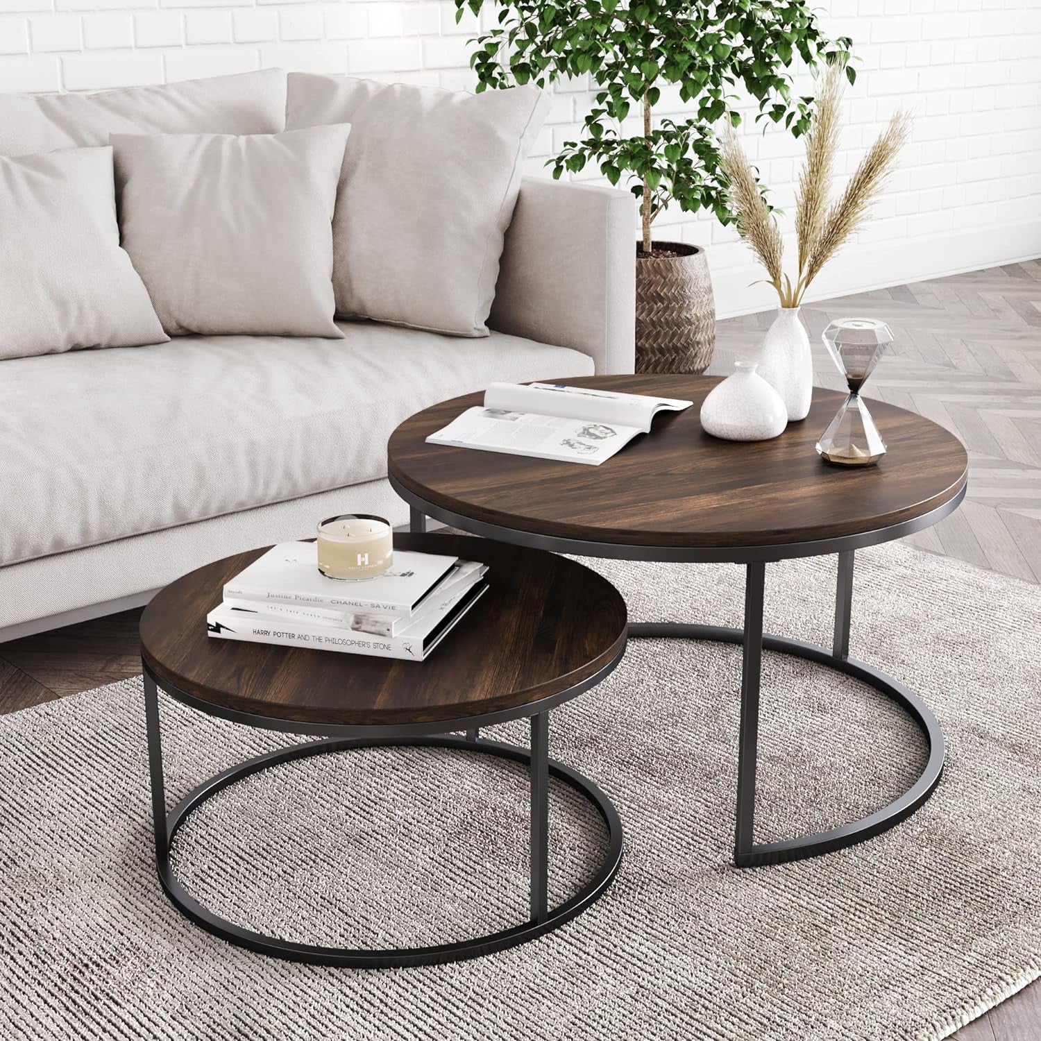 Stella round Modern Nesting Coffee Set of 2, Stacking Living Room Accent Tables with an Industrial Wood Finish and Powder Coated Metal Frame, Warm Nutmeg/Matte Black