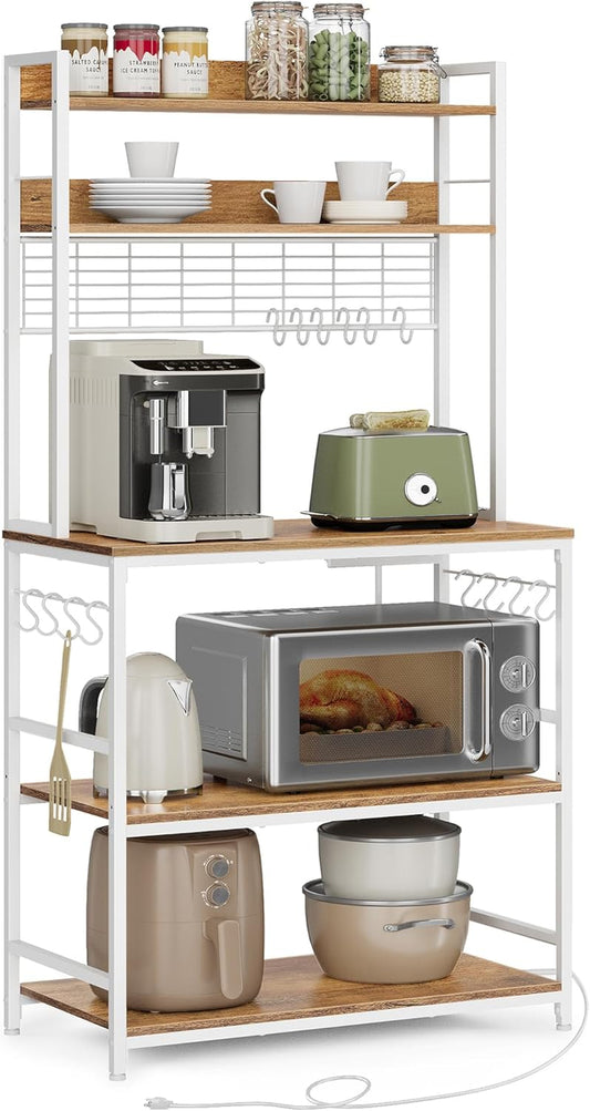 Hutch Bakers Rack with Power Outlet, 14 Hooks Microwave Stand, Adjustable Coffee Bar with Metal Wire Panel, Kitchen Storage Shelf, 15.7 X 31.5 X 66.9 Inches, Rustic Walnut and White UKKS025W41