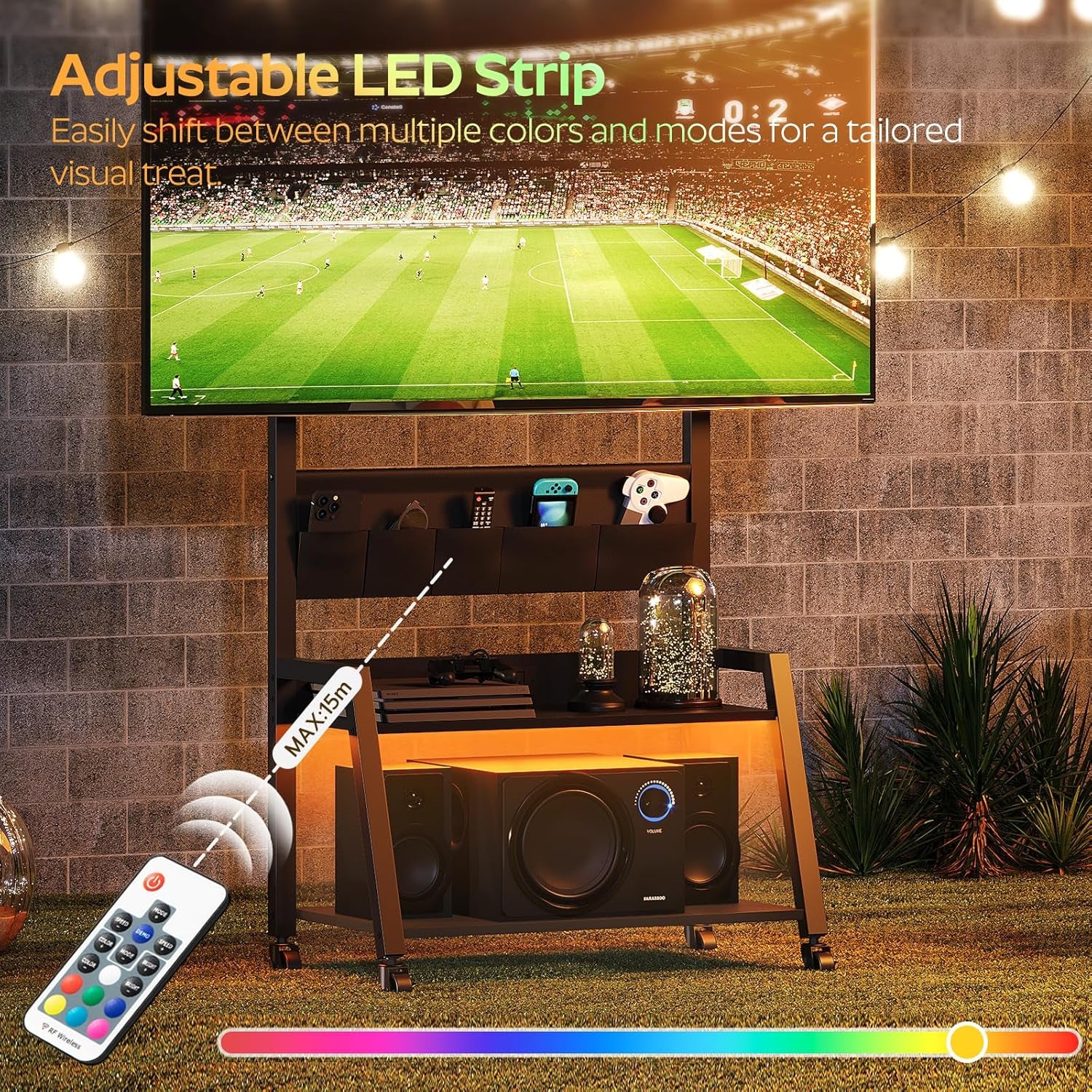 Rolling TV Stand with Power Outlet, Mobile TV Stand with LED Light up to 55" Tvs, TV Cart with Mount, 5 Oxford Fabric Pouches, for Living Room, Meeting Room, Black DS01UDBB