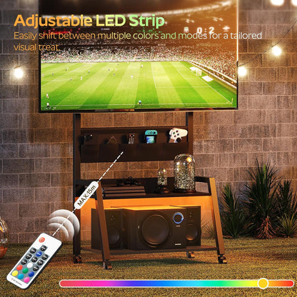 Rolling TV Stand with Power Outlet, Mobile TV Stand with LED Light up to 55" Tvs, TV Cart with Mount, 5 Oxford Fabric Pouches, for Living Room, Meeting Room, Black DS01UDBB