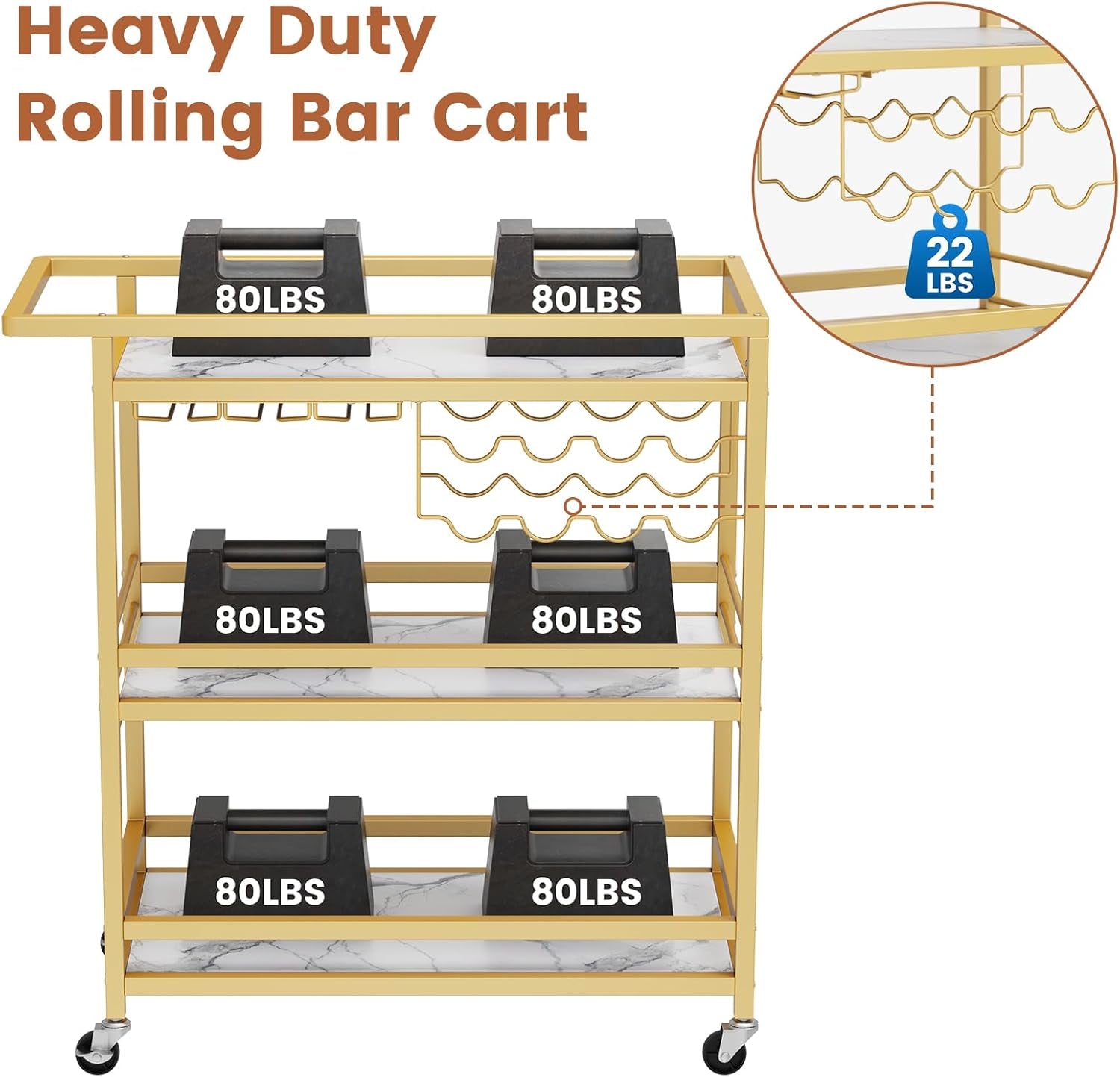 Bar Cart for Home, 3 Tier Gold Serving Rolling Carts with Wheels, Drink Cart, Liquor Stand with Marbled Wooden Shelves, Wine Rack and Glass Holder for Kitchen, Dining Room