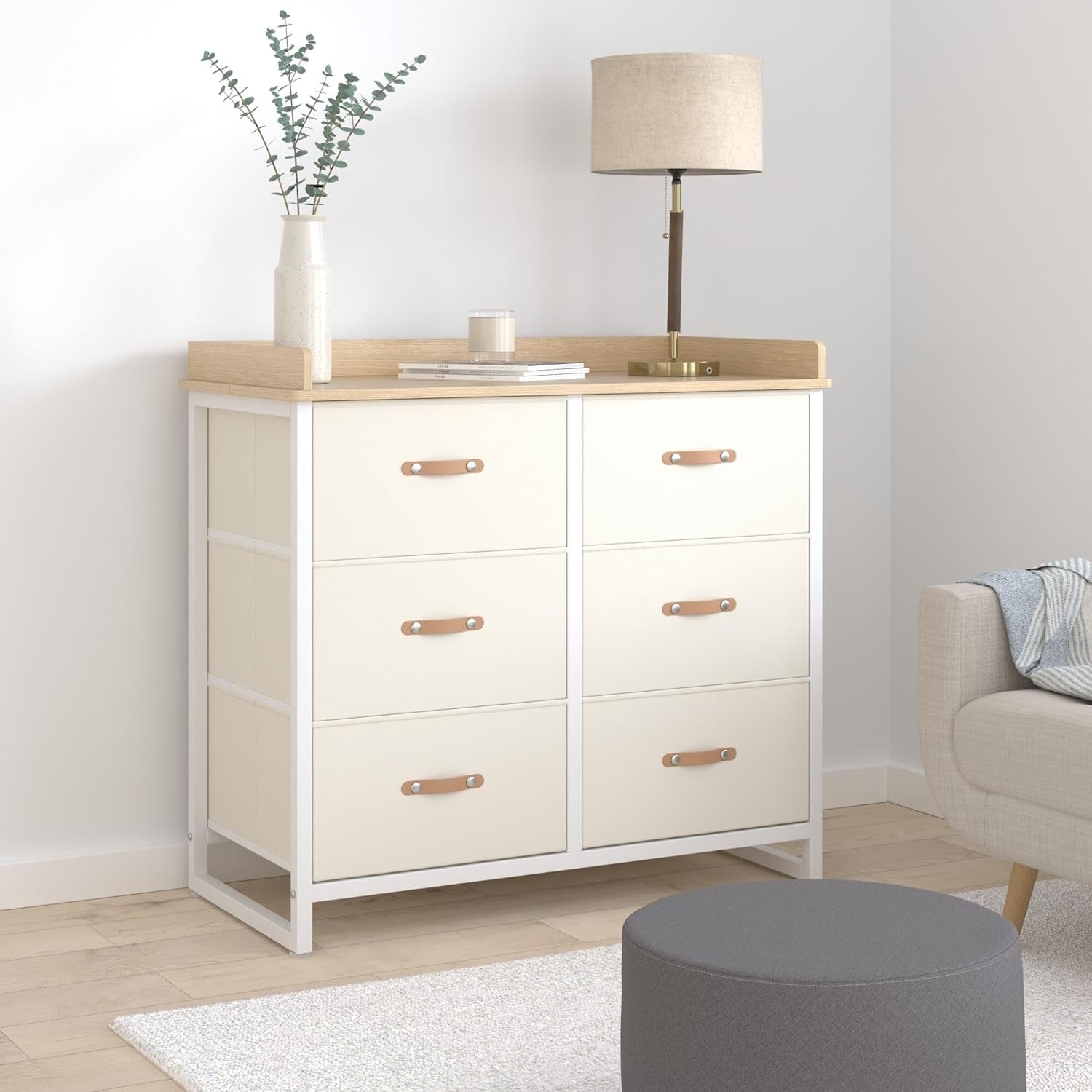 Kids Dresser with 6 Drawers, Boys Girls Dresser, with Water-Resistant Tabletop, Storage Organizer Cabinet, for Bedroom Hallway, Beige UGKR101K01